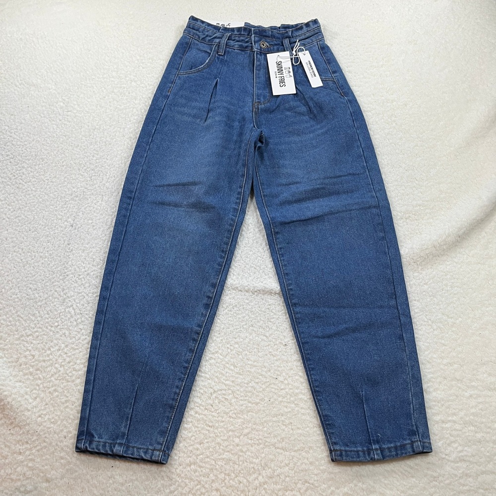 Skinny Fries Balloon Jeans Women Size 1 Blue Denim High Rise Pleated Tapered Leg